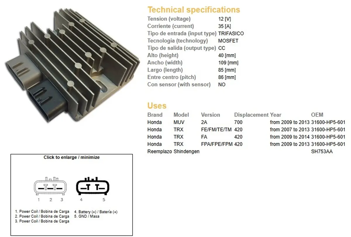 DZE regulátor napětí HONDA TRX 420FE/FM/TE/TM 07-14; MUV 700 09-13 (35A) (31600-HP5-601) (SH753AA) (ESR318) (DZE regulátor napětí HONDA TRX)
