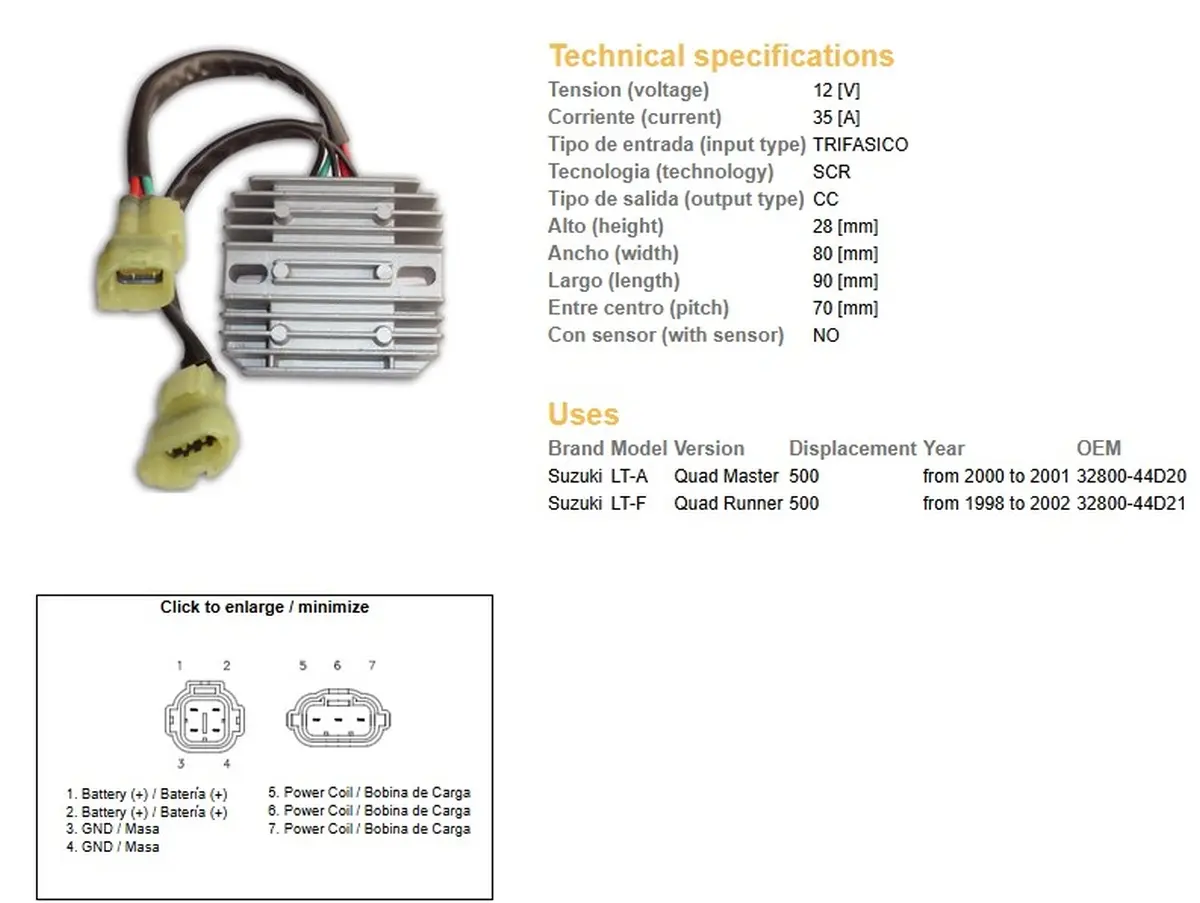 DZE regulátor napětí SUZUKI LT-A QUAD MASTER 500 00-01; LT-F 500 QUAD RUNNER 98-02 (OEM 32800-44D20) (OEM 32800-44D21) (DZE regulátor napětí SUZUKI)