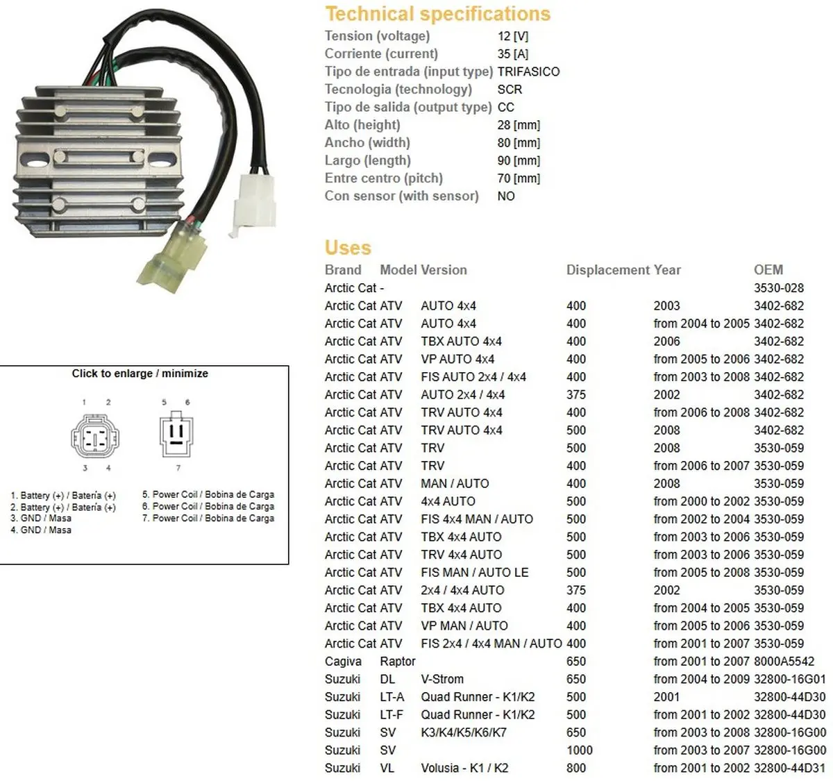 DZE regulátor napětí SUZUKI DL 650 V-STROM 04-09; SV 650 03-08; SV 1000 03-07; VL 800 VOLUSIA 01-02; LT-A QUAD RUNNER 01-02; CAGIVA; ARCTIC CAT (35A)
