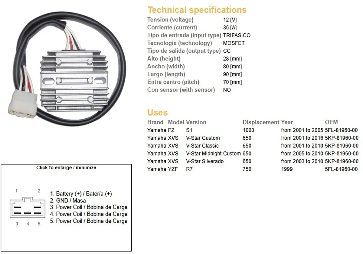 DZE regulátor napětí YAMAHA XVS 650 V-STAR 01-16; YZF 750 R7 99; FZS 1000 01-05; (5KP-81960-00) (35A) (ESR266) (5FL-81960-00) (DZE regulátor napětí)