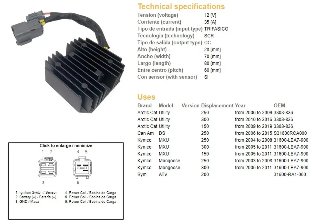 DZE regulátor napětí KYMCO MXU 150/250/300 04-11; CAN AM DS 250 06-15; ARCTIC CAT 150/250/300 06-19 (35A) (31600-LBA7-900) (ESR344) (DZE regulátor)