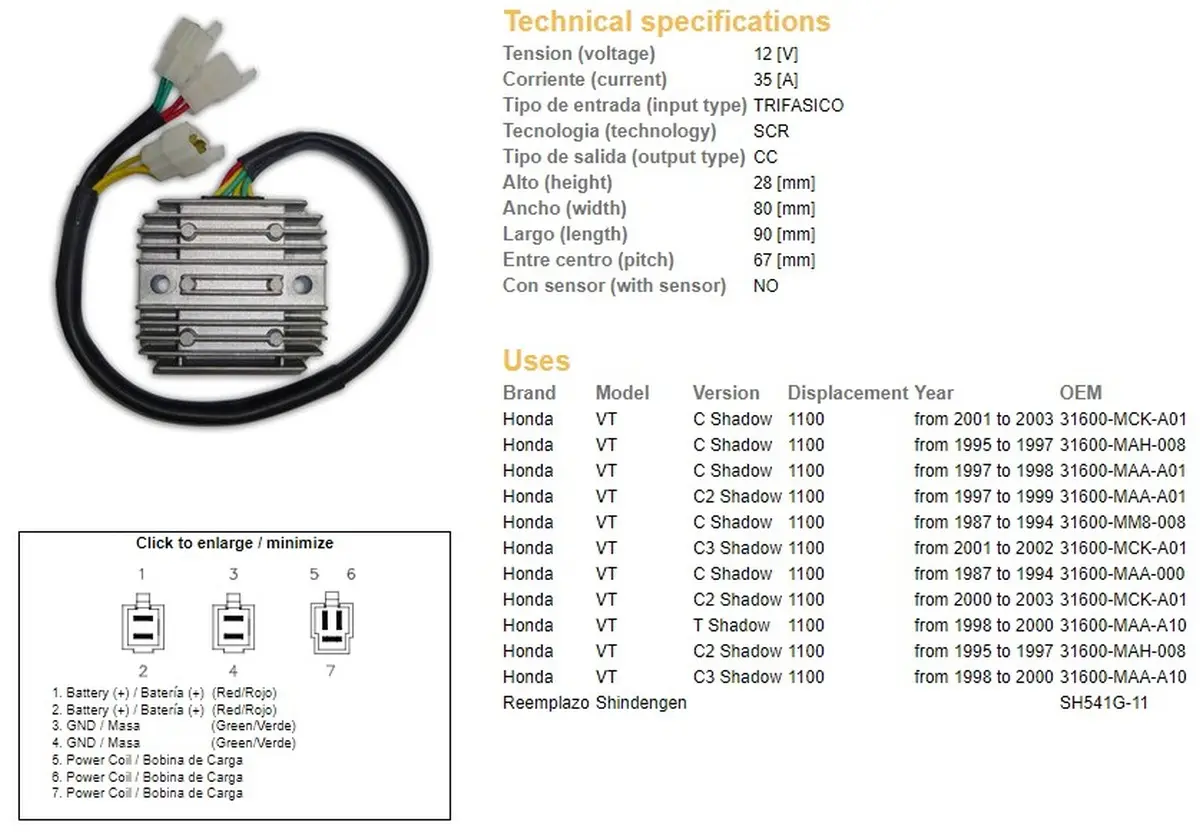 DZE regulátor napětí HONDA VT 1100C/C2/C3 SHADOW 87-03 (35A) (31600-MAH-008) (ESR120) (SH541G-11) (DZE regulátor napětí HONDA VT 1100C/C2/C3 SHADOW)