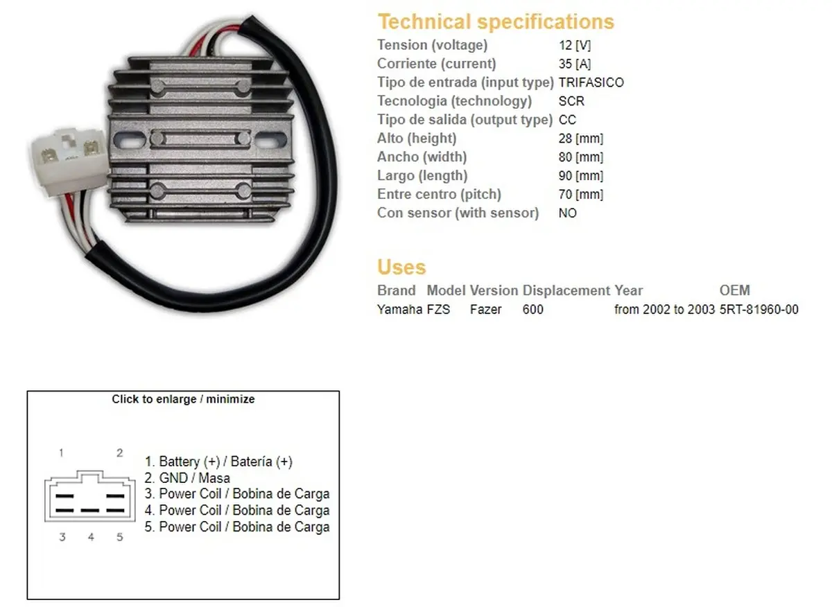 DZE regulátor napětí YAMAHA FZS 600 FAZER 02-03 (5RT-81960-00) 35A (DZE regulátor napětí YAMAHA FZS 600 FAZER 02-03 (5RT-81960-00) 35A)