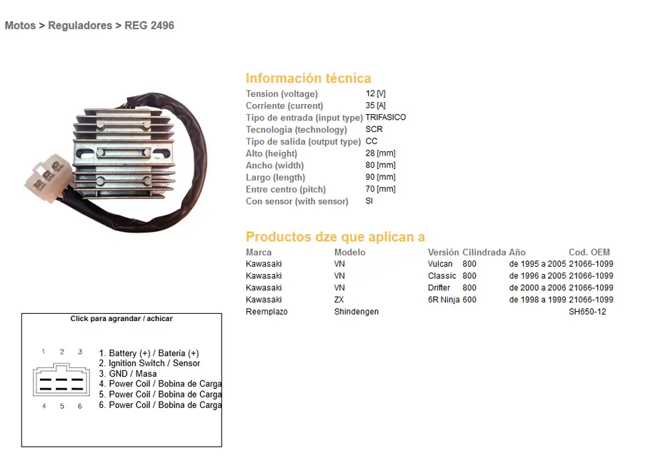 DZE regulátor napětí KAWASAKI VN 800 VULKAN 95-05; VN 800 CLASSIC 96-05; VN 800 DRIFTER 00-06; ZX6R 98-92 (35A) (ESR263) (OEM:21066-1099) (SH650-12)