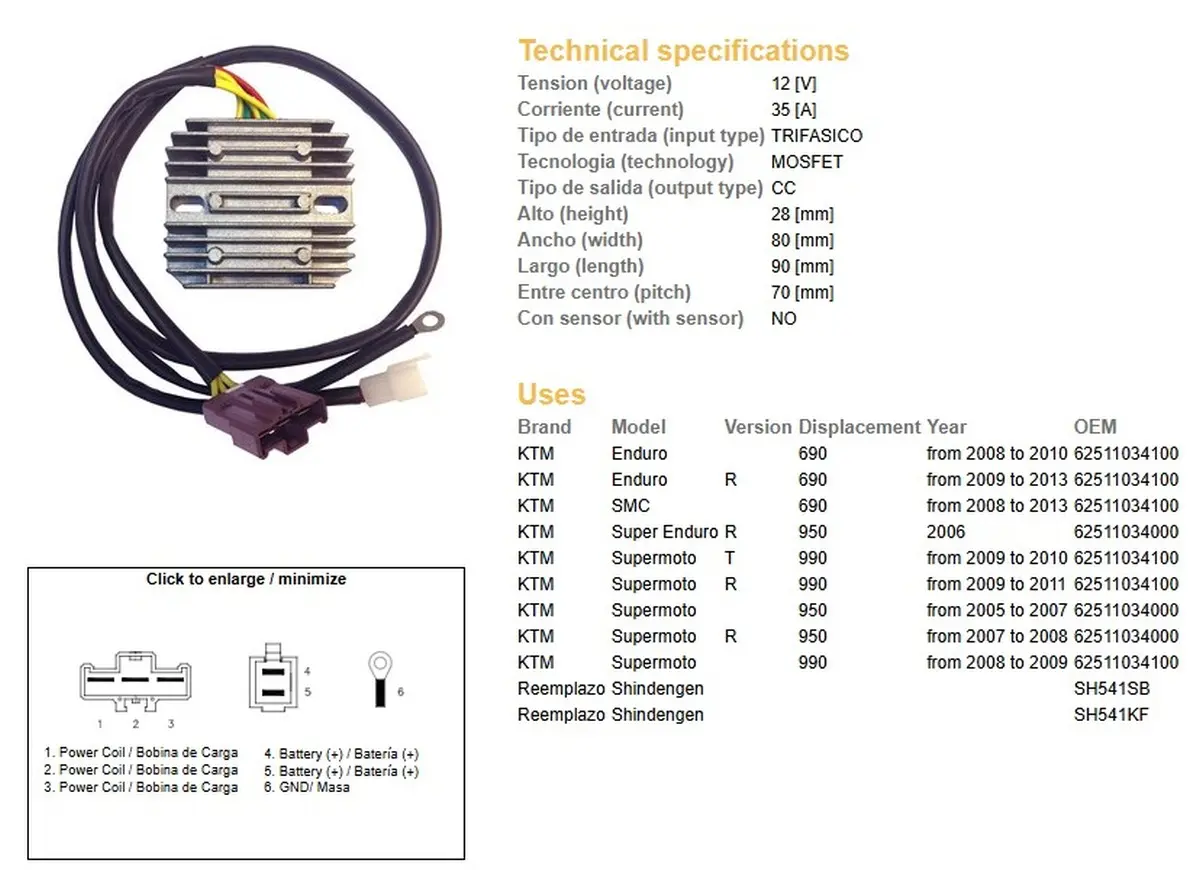 DZE regulátor napětí KTM 690R ENDURO 08-13; 950R SUPER ENDURO 06-; SUPERMOTO 950/990R 05-11 (OEM-62511034000) (SH541SB, SH541KF) ( )