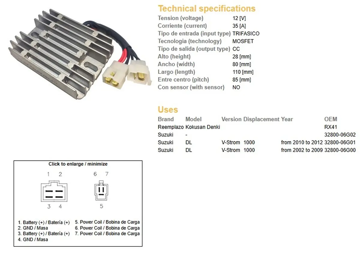 DZE regulátor napětí SUZUKI DL 1000 V-STROM 02-12 (35A) (32800-06G01; 32800-06G00) (ESR539) ( )