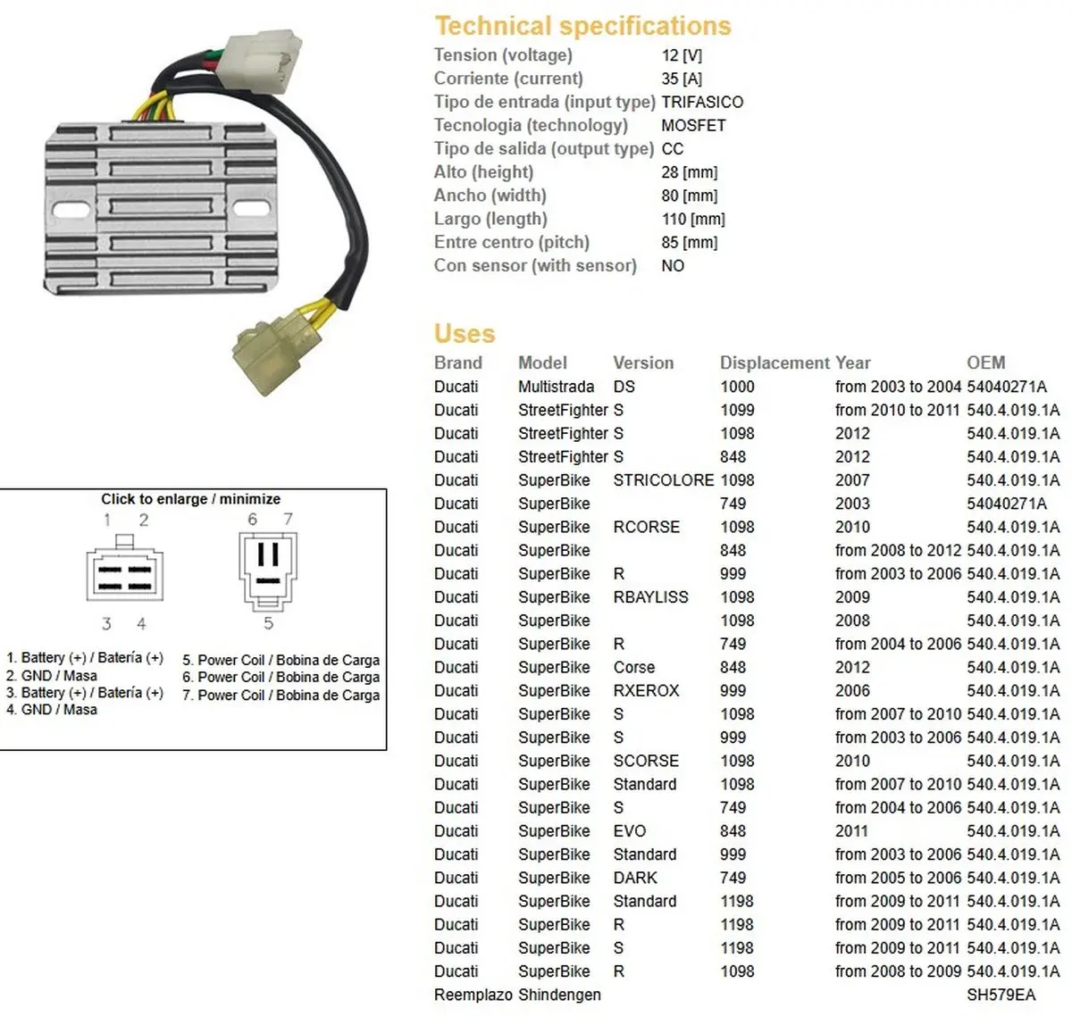 DZE regulátor napětí DUCATI DS 1000 MULTISTRADA 03-04; DUCATI 749/848/999/1098/1099/1198 (OEM-540.4.019.1A) (SH579EA) (ESR538) (DZE regulátor napětí)