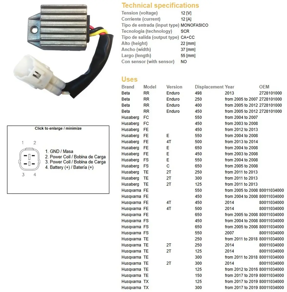 DZE regulátor napětí KTM EXC 125/200/250/300/400/525/530 98-13; XC-W 250/450/525 07-08; HUSQVARNA TE/TX/FE/FC/FS 125/250/300/450/500/550/650 04-19;