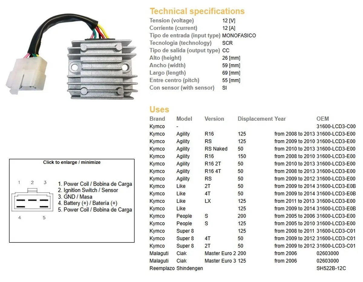 DZE regulátor napětí KYMCO AGILITY 50/125/150 08-13; PEOPLE 125/200 05-10; SUPER 8 50/125 08-12 (OEM 31600-LCD3-C01) (DZE regulátor napětí KYMCO)