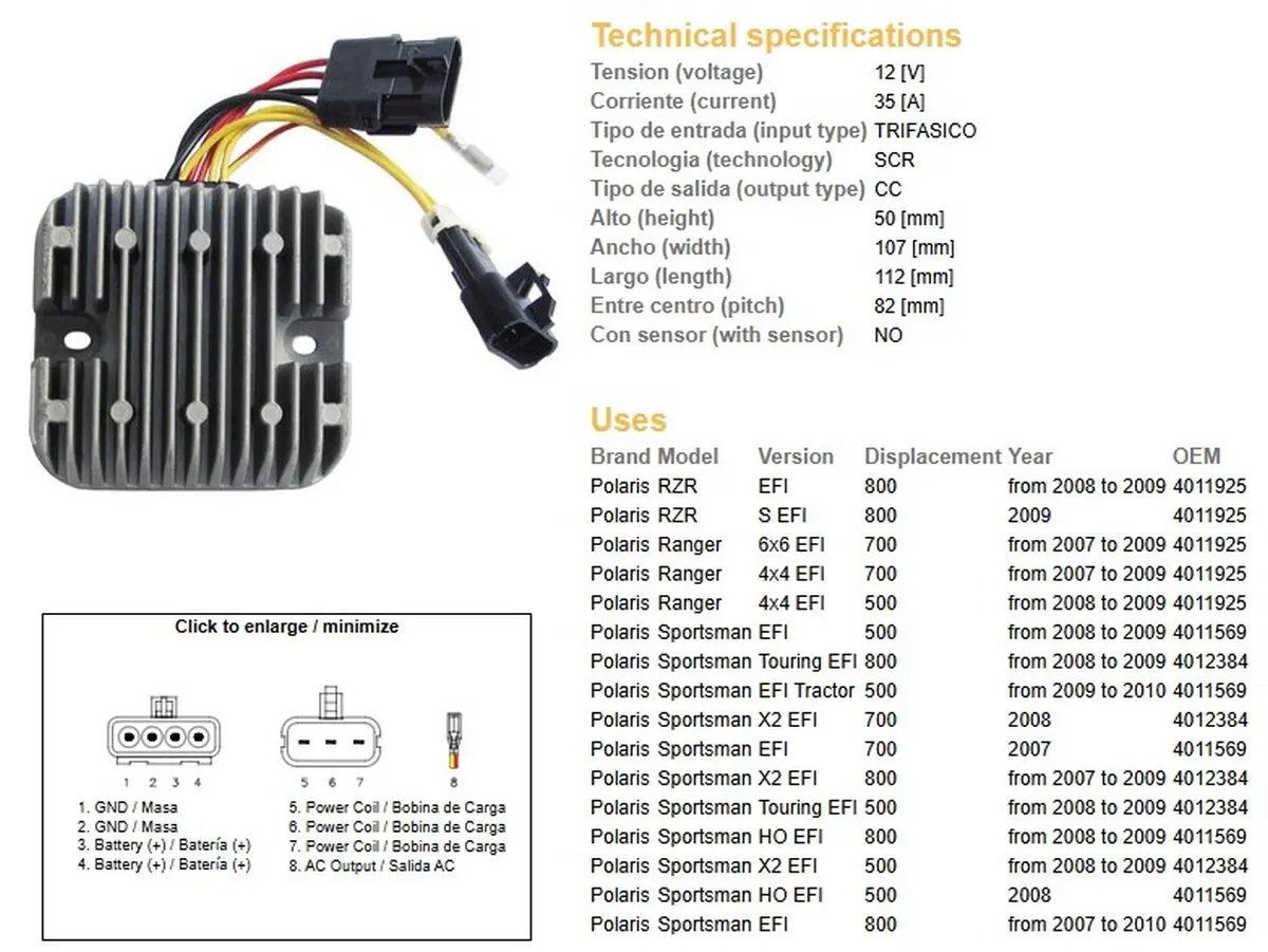 DZE regulátor napětí POLARIS SPORTSMAN EFI 500/700/800; RANGER EFI 500/700/800 (12V/35A) (4012384, 4011569, 4011925) (ESR826) ( )