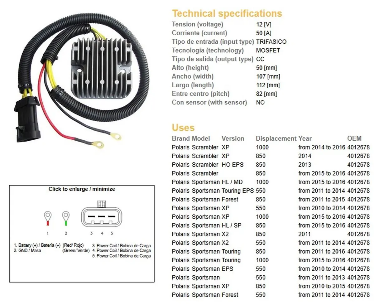 DZE regulátor napětí POLARIS SPORTSMAN 550/850/1000 10-16; SCRAMBLER 550/850/1000 13-16 (MOSFET - 50A) (4012678) (ESR823) (DZE regulátor napětí)