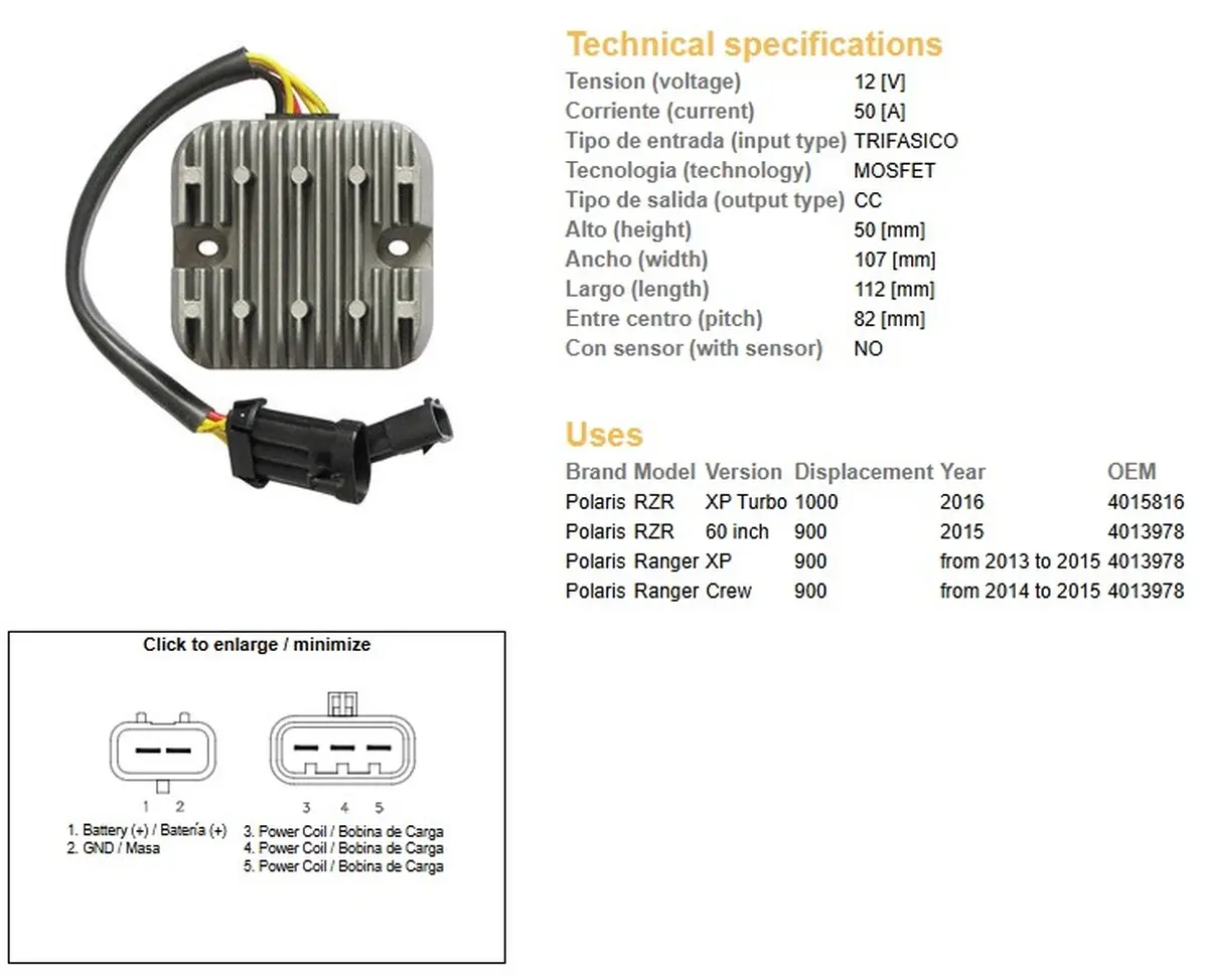 DZE regulátor napětí POLARIS RANGER 900 13-15; RZR 900/1000 15 (50A) (4013978) (ESR829) (DZE regulátor napětí POLARIS RANGER 900 13-15; RZR 900/1000)