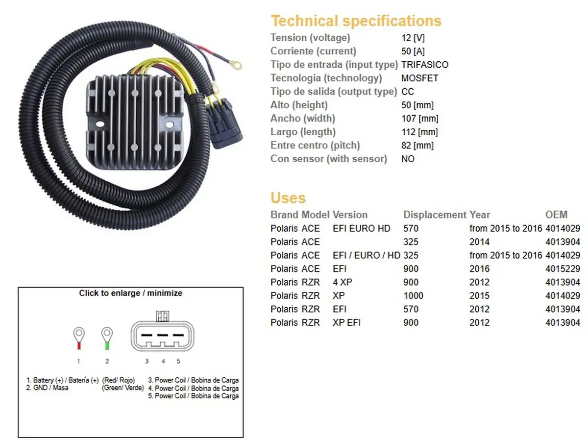 DZE regulátor napětí POLARIS ACE 325 EFI 14-16; 570 EFI 15-16; 900 16; RZR 570/900 12; RZR 1000 EFI 15; (50A) (4013904, 4014029) (ESR827) (DZE)