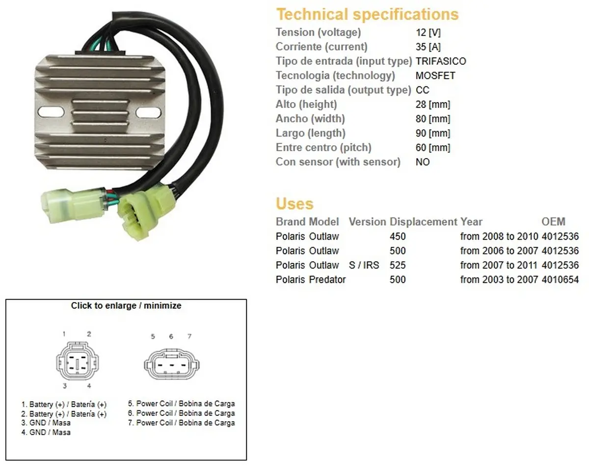 DZE regulátor napětí POLARIS PREDATOR 500 03-07; OUTLAW 400/500/525 06-11 (35A) (OEM-4010654, 4012536) (ESR541) (DZE regulátor napětí POLARIS)