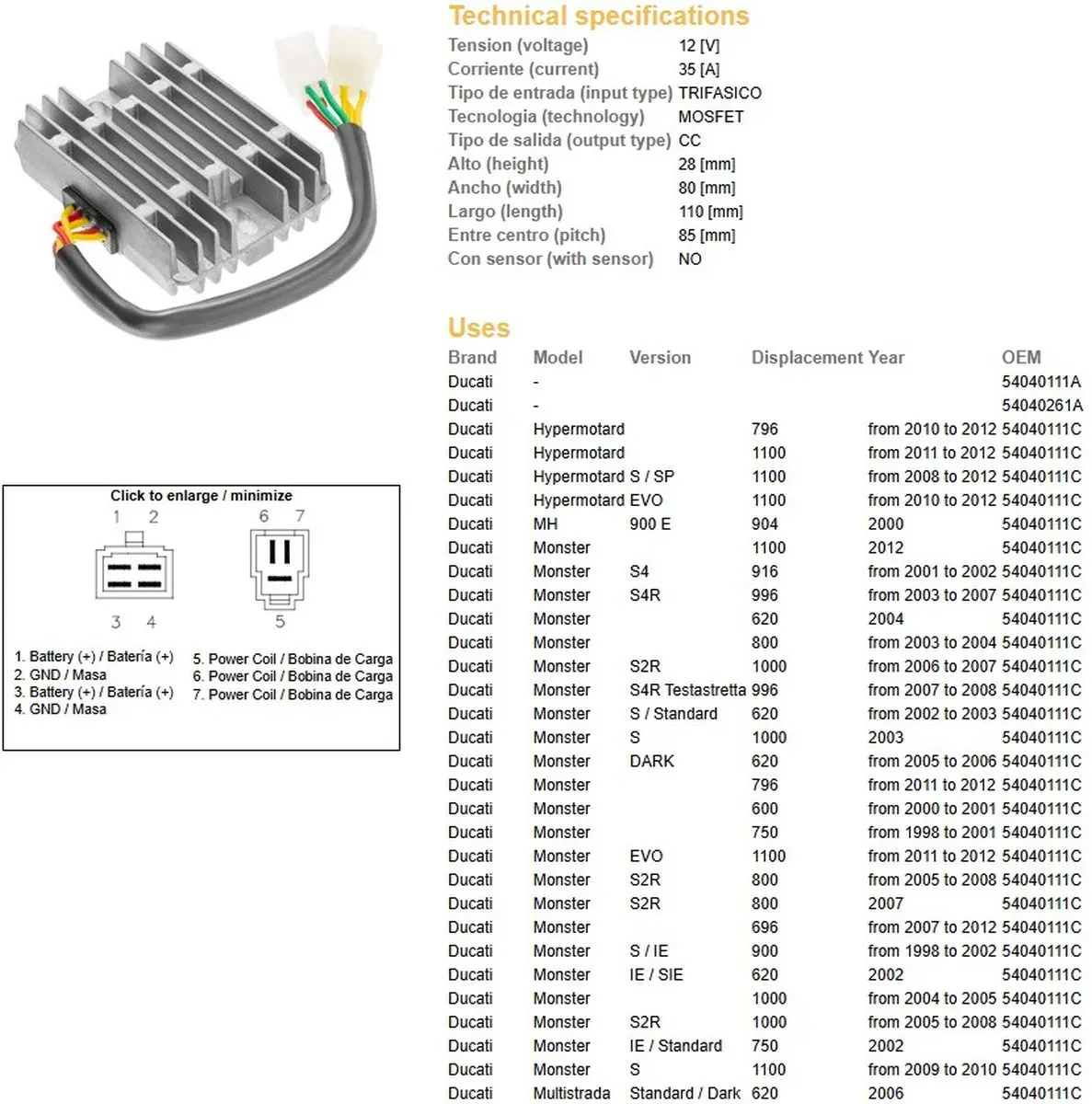 DZE regulátor napětí DUCATI 600/620/748/750/796/800/900/916/944/992/996/1000/1100 98-12 (35A)(54040111C, SH579-B11) (ESR532) - nahrazuje 2354-01