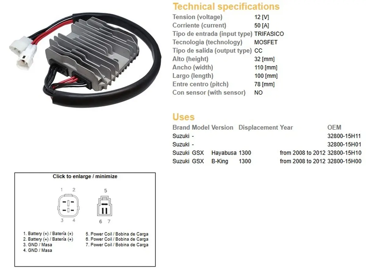DZE regulátor napětí SUZUKI GSXR 1300 HAYABUSA 08-12; B-KING 1300 08-12 (50A) (OEM:32800-15H10) ( )