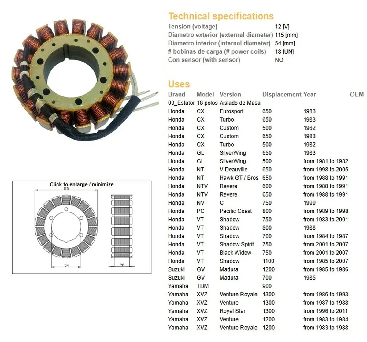 DZE stator (vinutí) alternátoru HONDA CX 500/650 82-83; GL 500/650 81-83; NT 650 DEAUVILLE 88-05; NTV 650 REVERE 88-91; VT 700/750/1100 84-07; SUZUKI