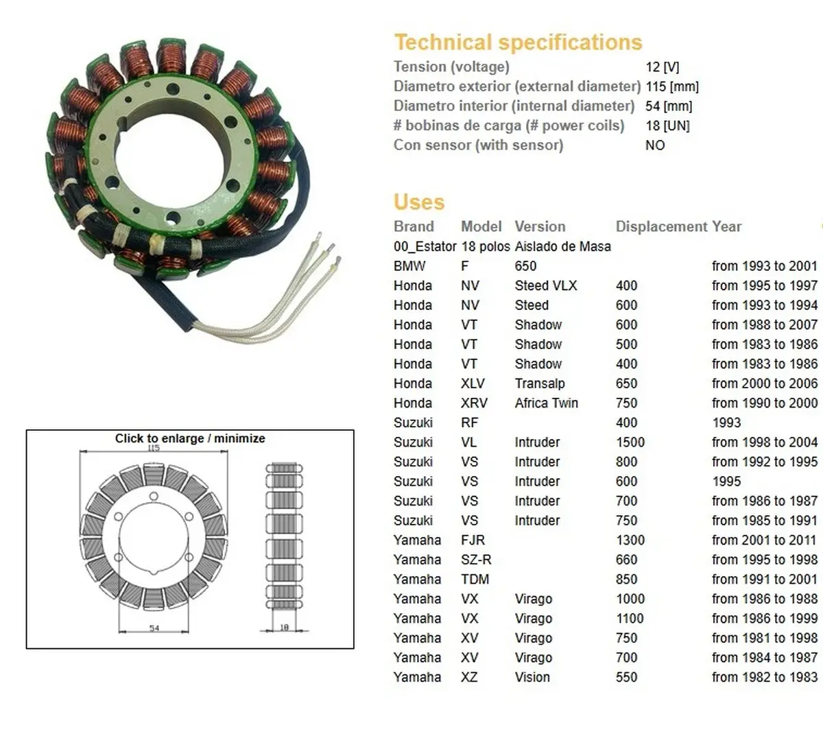 DZE stator alternátoru BMW F 650 93-01; VT 500/600 83-07; XL 650V TRANSALP 00-06; XRV 750 AFRICA TWIN 90-00; SUZUKI VS 600/700/750 INTRUDER 85-95; VL