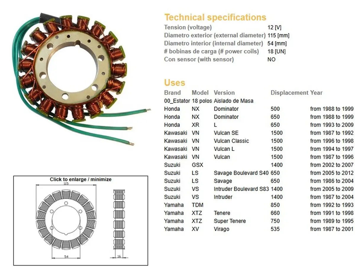 DZE stator (vinutí) alternátoru HONDA NX 650 DOMINATOR 88-99; XR 650L 93-09; KAWASAKI VN 1500 VULCAN 87-97; SUZUKI LS 650 SAVAGE 86-12; VS 1400