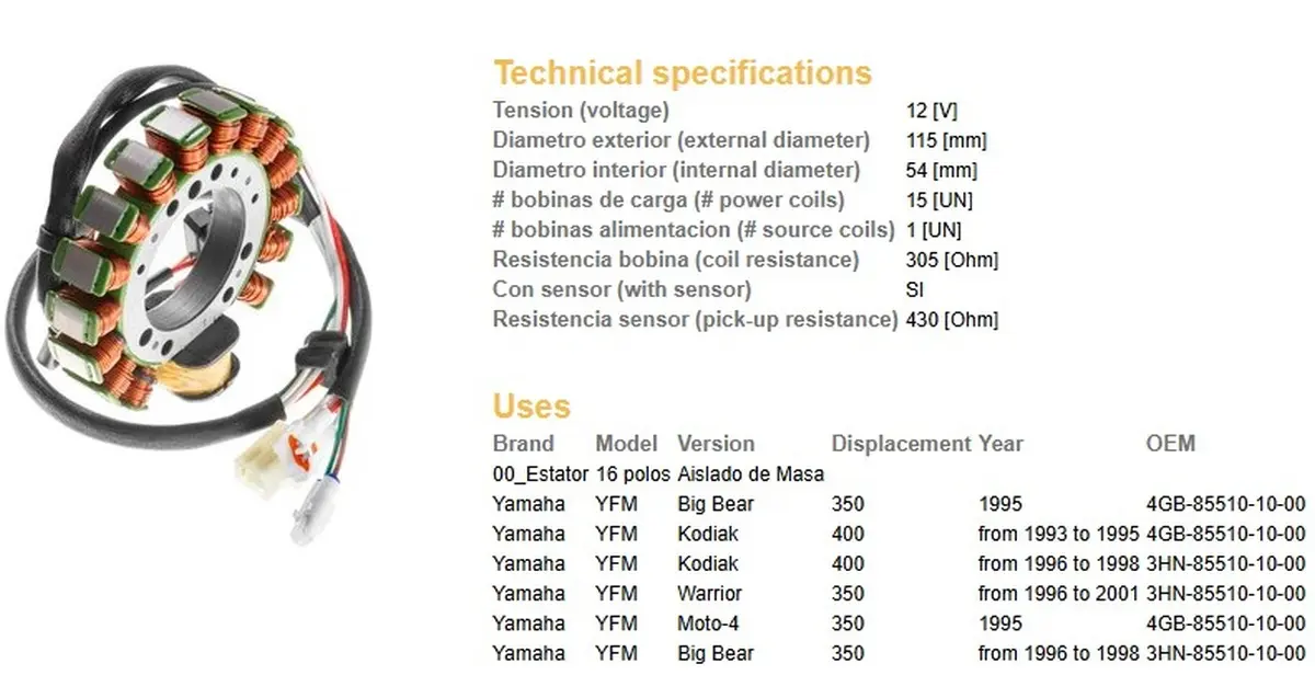 DZE stator alternátoru YAMAHA YFM 350 BIG BEAR 95-98, WARRIOR 96-01; KODIAK 400 93-98 (ESG434) (3HN-8510-10-00; 4GB-85510-1) (DZE stator alternátoru)