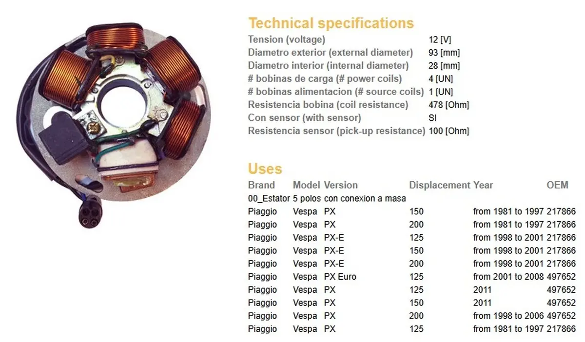 DZE stator (vinutí) alternátoru PIAGGIO VESPA PX 150/200 81-97; PX-E 125/150/200 98-01; PX 125 81-97 (217866;497652) (DZE stator (vinutí) alternátoru)