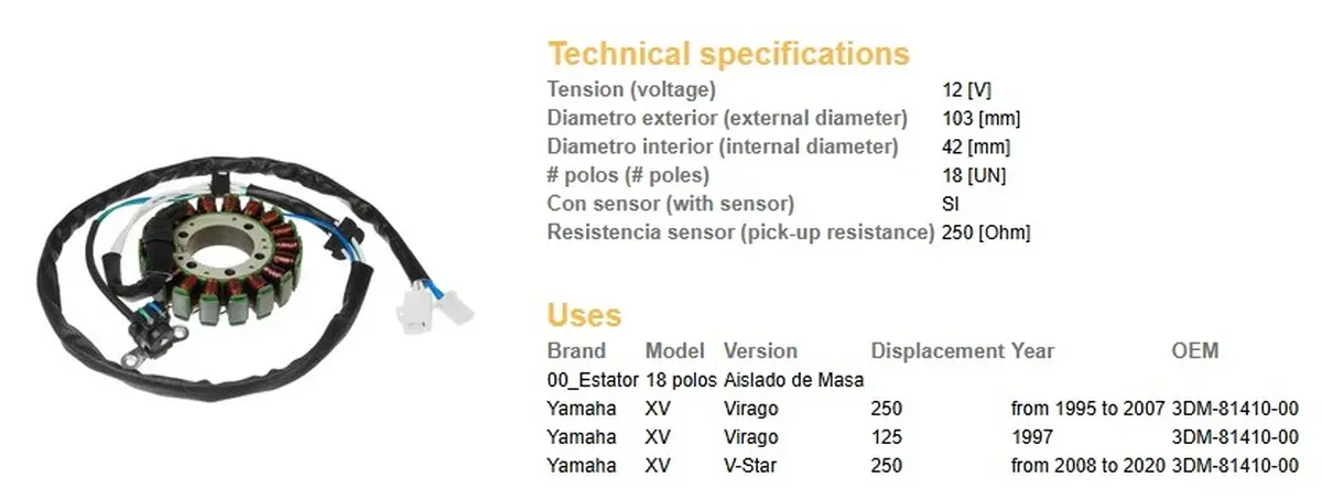 DZE stator (vinutí) alternátoru YAMAHA XV 125 VIRAGO 97; XV 250 VIRAGO 95-07 (3DM-81410-00) (DZE stator (vinutí) alternátoru YAMAHA XV 125 VIRAGO 97;)