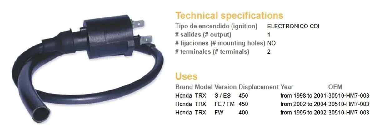DZE zapalovací cívka HONDA TRX 400FW 95-03; TRX450S/ES/FW/FM/FE 98-04 (30510-HM7-003) (VIC-14605) (DZE zapalovací cívka HONDA TRX 400FW 95-03;)