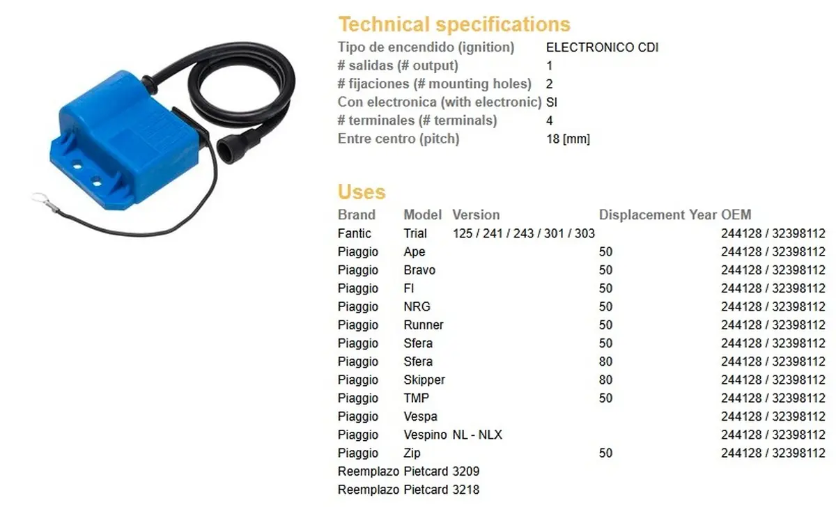 DZE cívka PIAGGIO BRAVO/NRG/RUNNER/SFERA/ZIP/FI/VESPA; FANTIC TRIAL 125/241/243/301/303 (OEM-32398112) (DZE cívka PIAGGIO)
