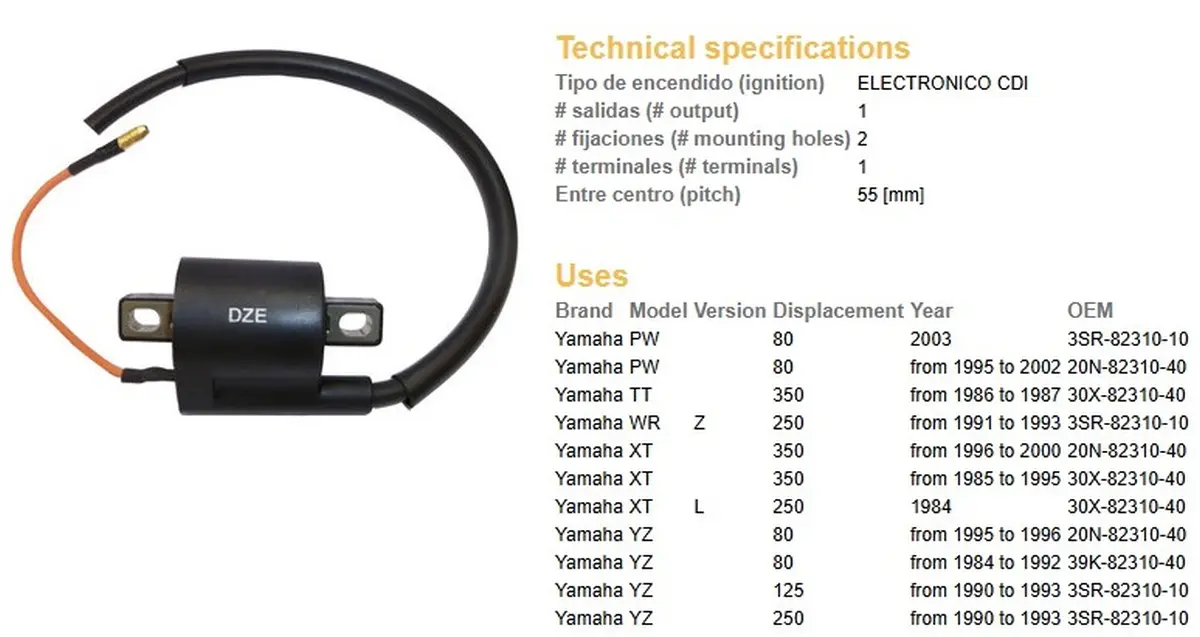 DZE zapalovací cívka YAMAHA PW 80 95-03; YZ 80 84-96; YZ 125/250 90-93; XT 250 84; XT 350 85-00; TT 350 86-87 ( )