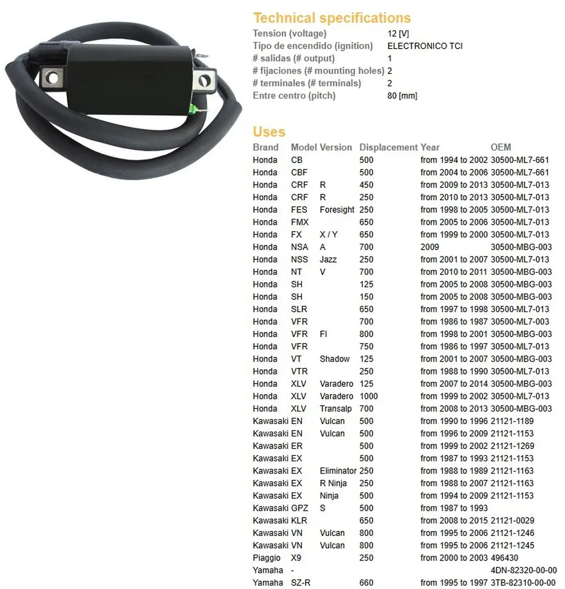 DZE zapalovací cívka HONDA CB/CBF/FES/NSA/NSS/NT/SH/VFR/XLV; KAWASAKI EN/ER/EX/GPZ/KLR/VN; YAMAHA XT/XV (DZE zapalovací cívka HONDA)