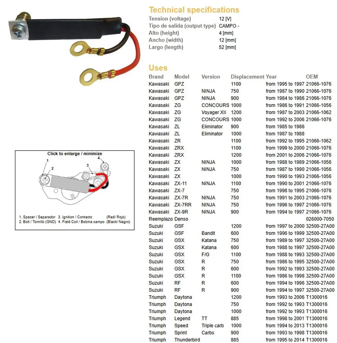 DZE regulátor napětí SUZUKI GSF/GSX/GSXR, YAMAHA FZR 1000 KAWASAKI GPZ 900/1000/1100, ZZR1100/1200, ZRX1100/1200 (ESR025) (DZE regulátor napětí)