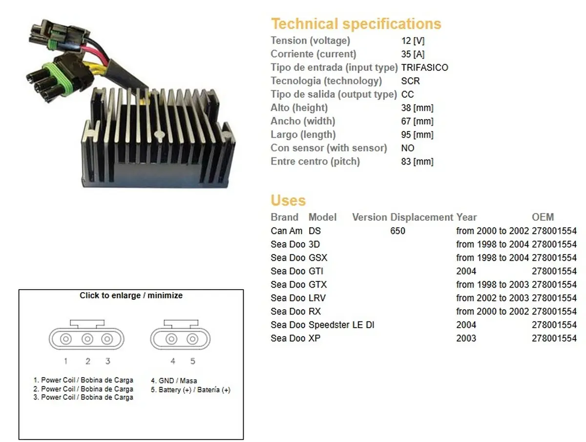 DZE regulátor napětí CAN-AM DS 650 00-02; SEA DOO 3D/GSX/GTX/RX/XP/LRV 98-04 (OEM 278001554) (35A) (DZE regulátor napětí CAN-AM DS 650 00-02; SEA DOO)