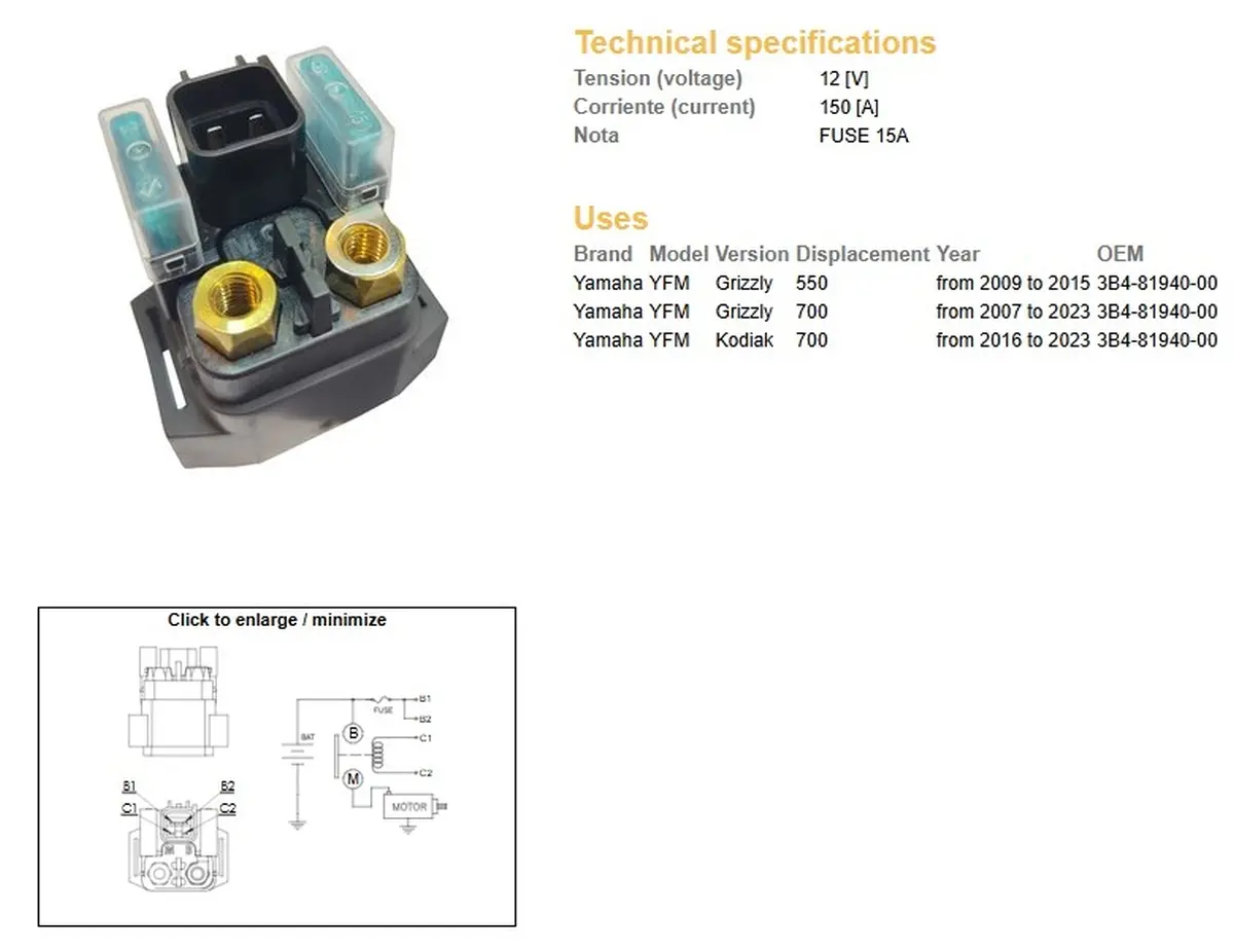 DZE startovací relé YAMAHA YFM 550 GRIZZLY 09-15; YFM 700 GRIZZLY 07-23; YFM 700 KODIAK 16-23 (12V/150A) ( )