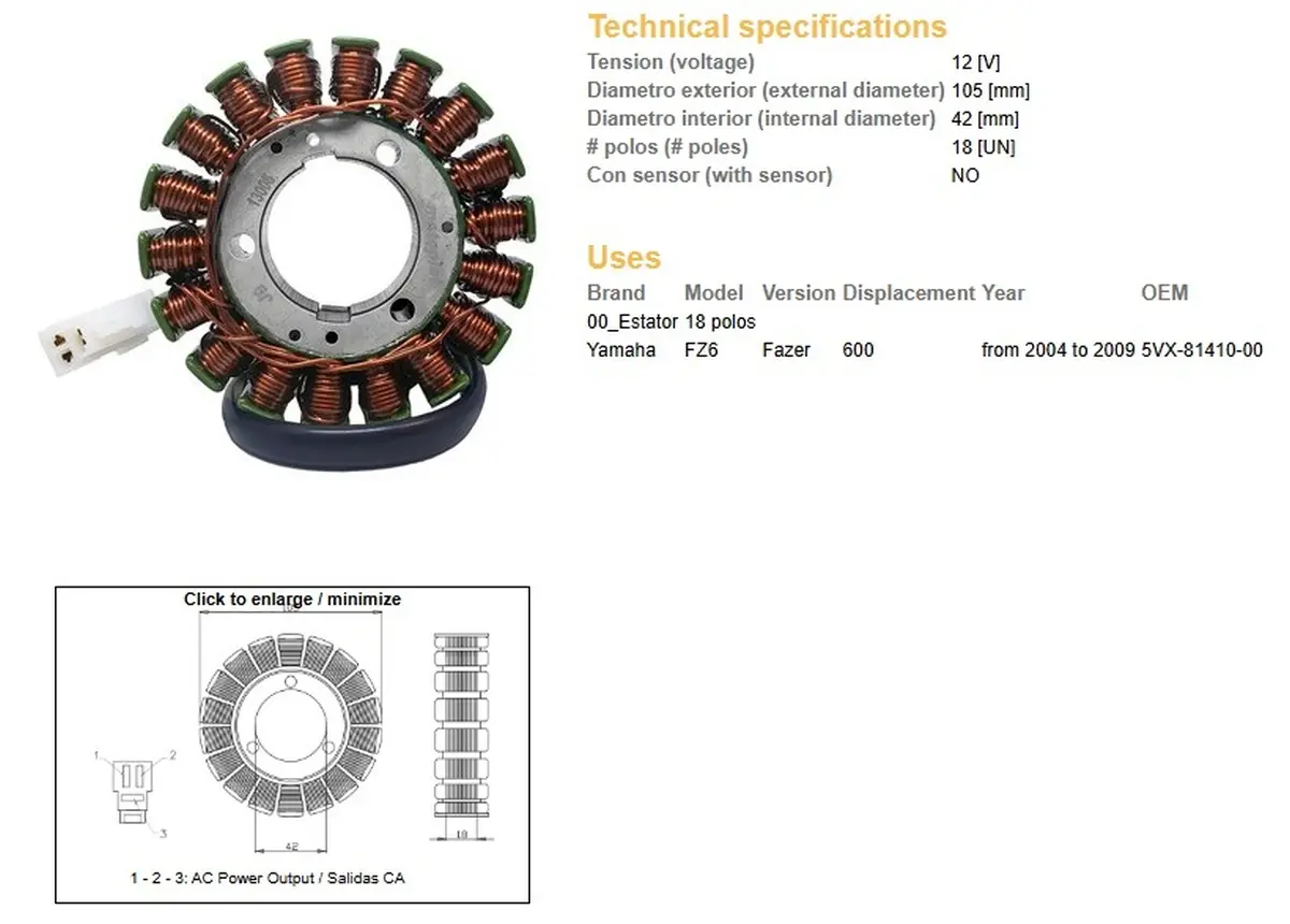 DZE stator (vinutí) alternátoru YAMAHA FZ6 FAZER 04-09 (5VX-81410-00) (DZE stator (vinutí) alternátoru YAMAHA FZ6 FAZER 04-09 (5VX-81410-00))