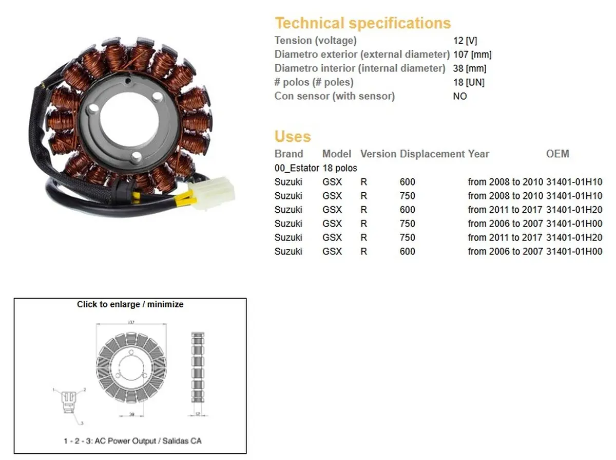 DZE stator (vinutí) alternátoru SUZUKI GSX 600R 08-17; GSX 750R 06-17 (31401-01H20) ( )