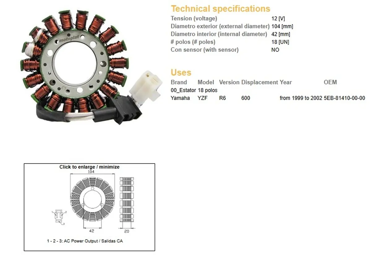 DZE stator (vinutí) alternátoru YAMAHA YZF 600 R6 99-02 (5EB-81410-00-00) ( )
