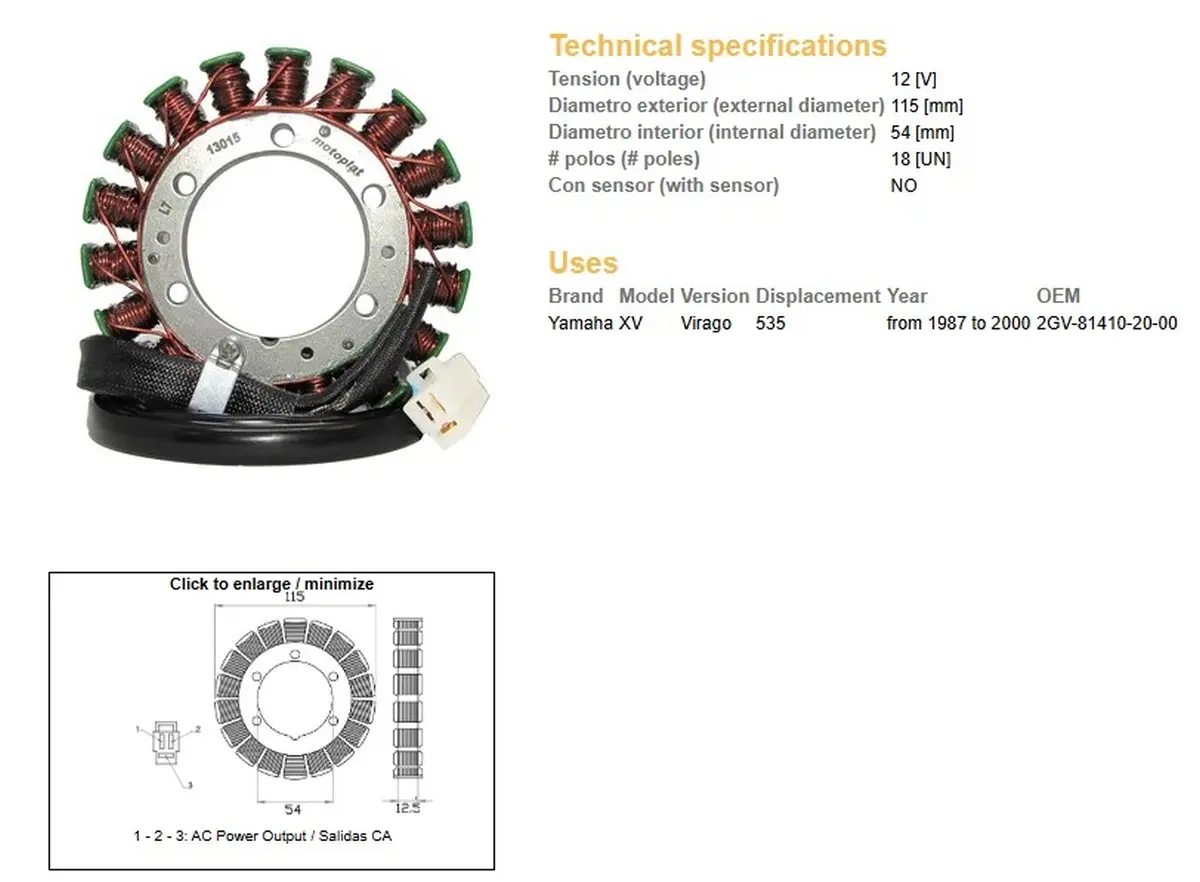DZE stator (vinutí) alternátoru YAMAHA XV 535 VIRAGO 87-00 (2GV-81410-20-00) ( )
