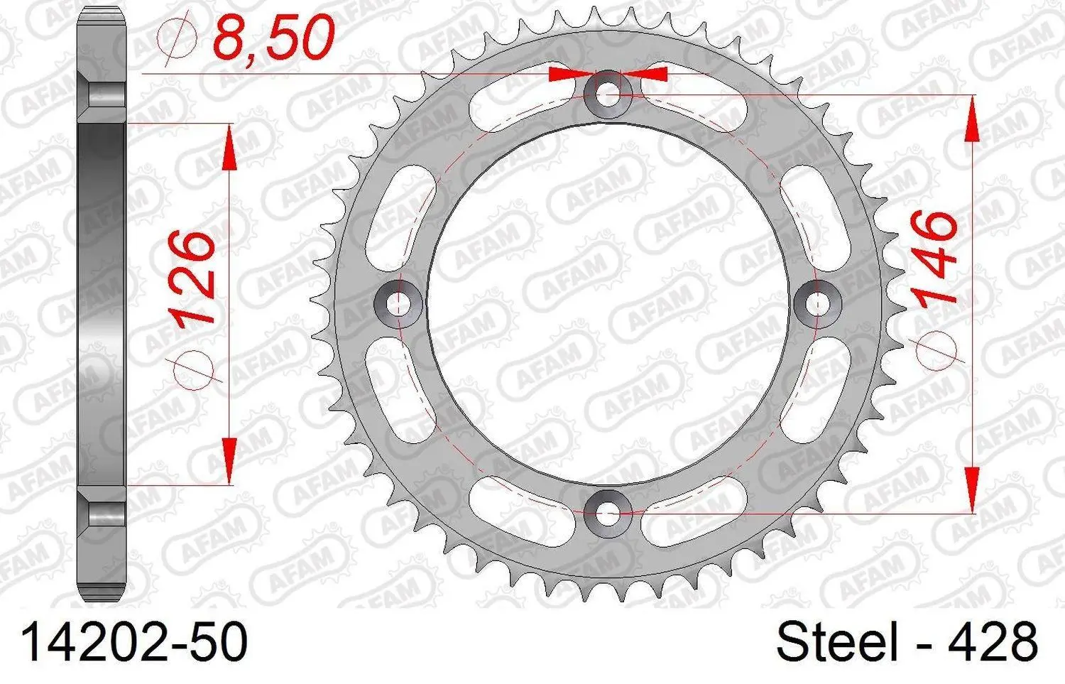 AFAM zadní řetězové kolečko 805 50 SUZUKI DR 125SM (08-10), TS125R '89-'96, TS125X '84-'91 (řetěz 428) (JTR805.50) (AFAM zadní řetězové kolečko 805)