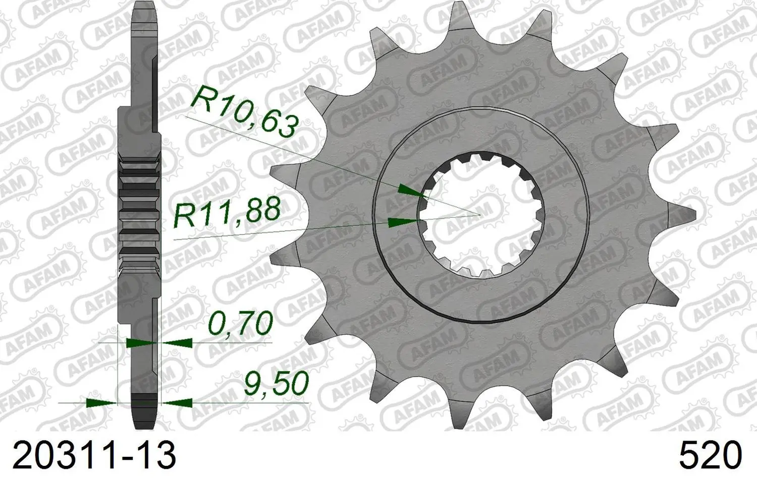 AFAM pastorek přední 342 13 HONDA CR 250 '88-'07, CRF 450 '02-'25, CRF 250R '22-'25, TRX 450/700 (JTF284.13) (řetěz 520) (AFAM pastorek přední 342 13)