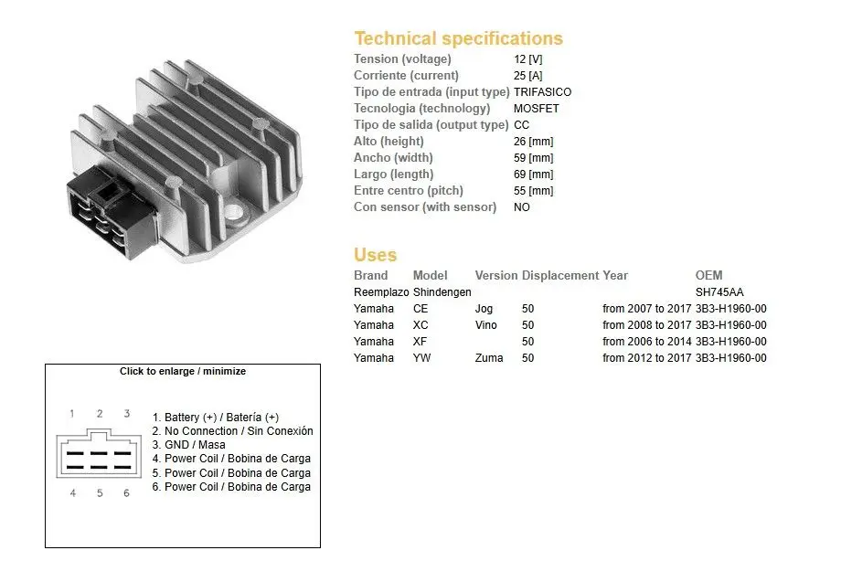 DZE regulátor napětí YAMAHA CE 50 JOG 07-17; XC 50 VINO 08-14; XF 50 06-14; YW 50 ZUMA 12-17 (3B3-H1960-00) MOSFET (35A) ( )