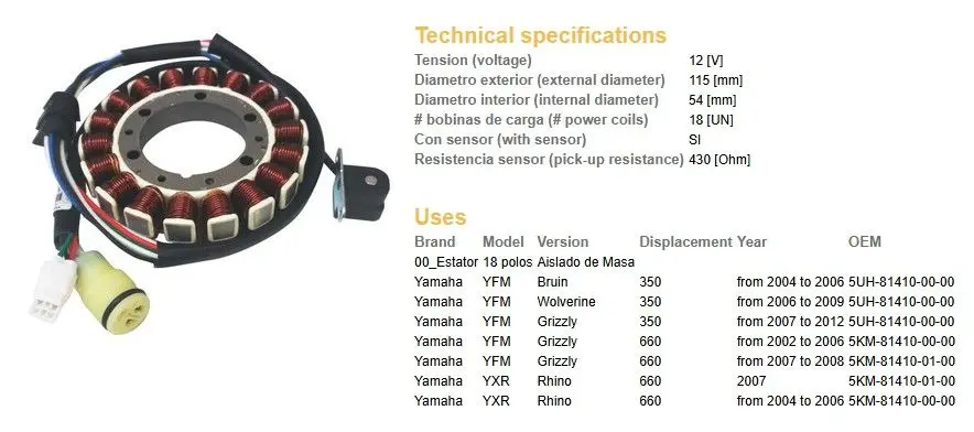 DZE stator (vinutí) alternátoru YAMAHA YFM 350 BRUIN 04-06; YFM 350 WOLVERINE 07-09; YFM 350 GRIZZLY 07-12; YFM 660 GRIZZLY 02-08; YXR 660 RHINO 04-07