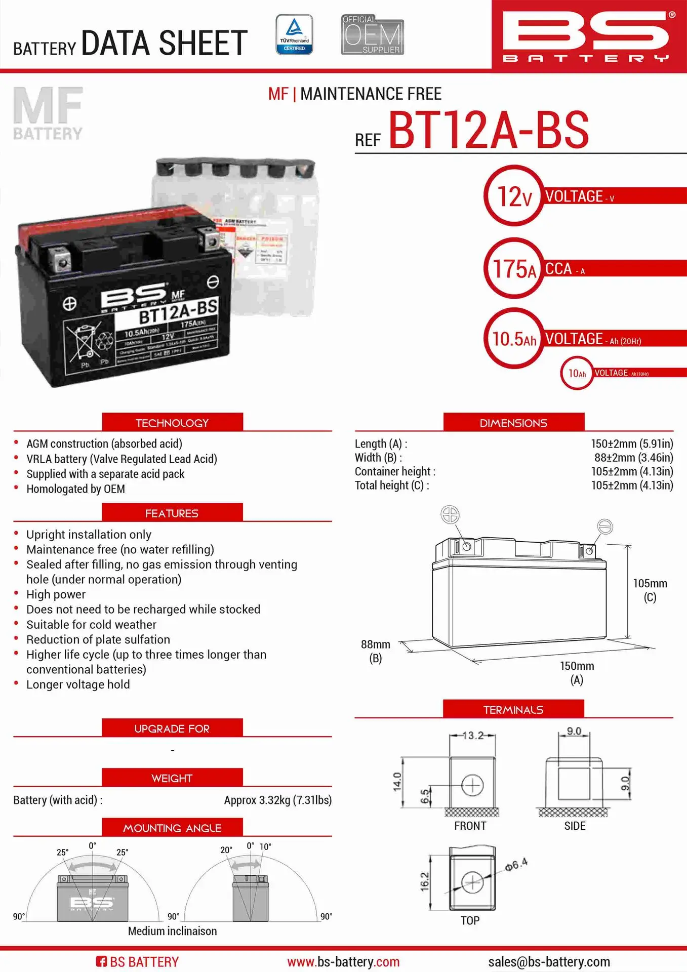 BS akumulátor BT12A-BS (YT12A-BS) 152X88X106 12V 10AH bezúdržbový - elektrolyt zvlášť (175A) UE48 (4) (BS akumulátor BT12A-BS (YT12A-BS) 152X88X106)