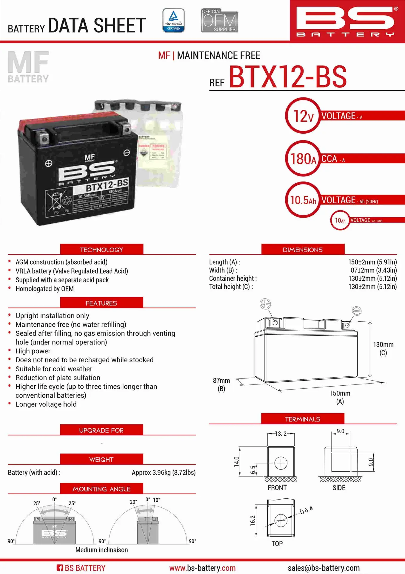 BS akumulátor BTX12-BS (YTX12-BS) 12V 10AH 152X88X131 bezúdržbový - elektrolyt zvlášť (180A) UE48 (4) (BS akumulátor BTX12-BS (YTX12-BS) 12V 10AH)