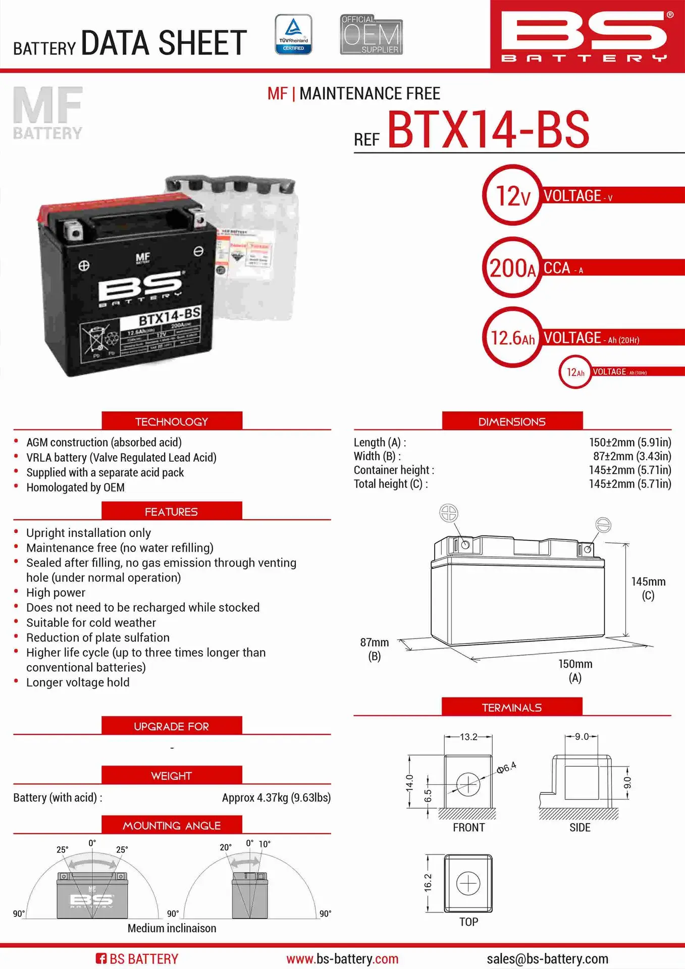 BS akumulátor BTX14-BS (YTX14-BS) 12V 12AH 150X87X145 bezúdržbový - elektrolyt zvlášť (200A) UE48 (4) (BS akumulátor BTX14-BS (YTX14-BS) 12V 12AH)
