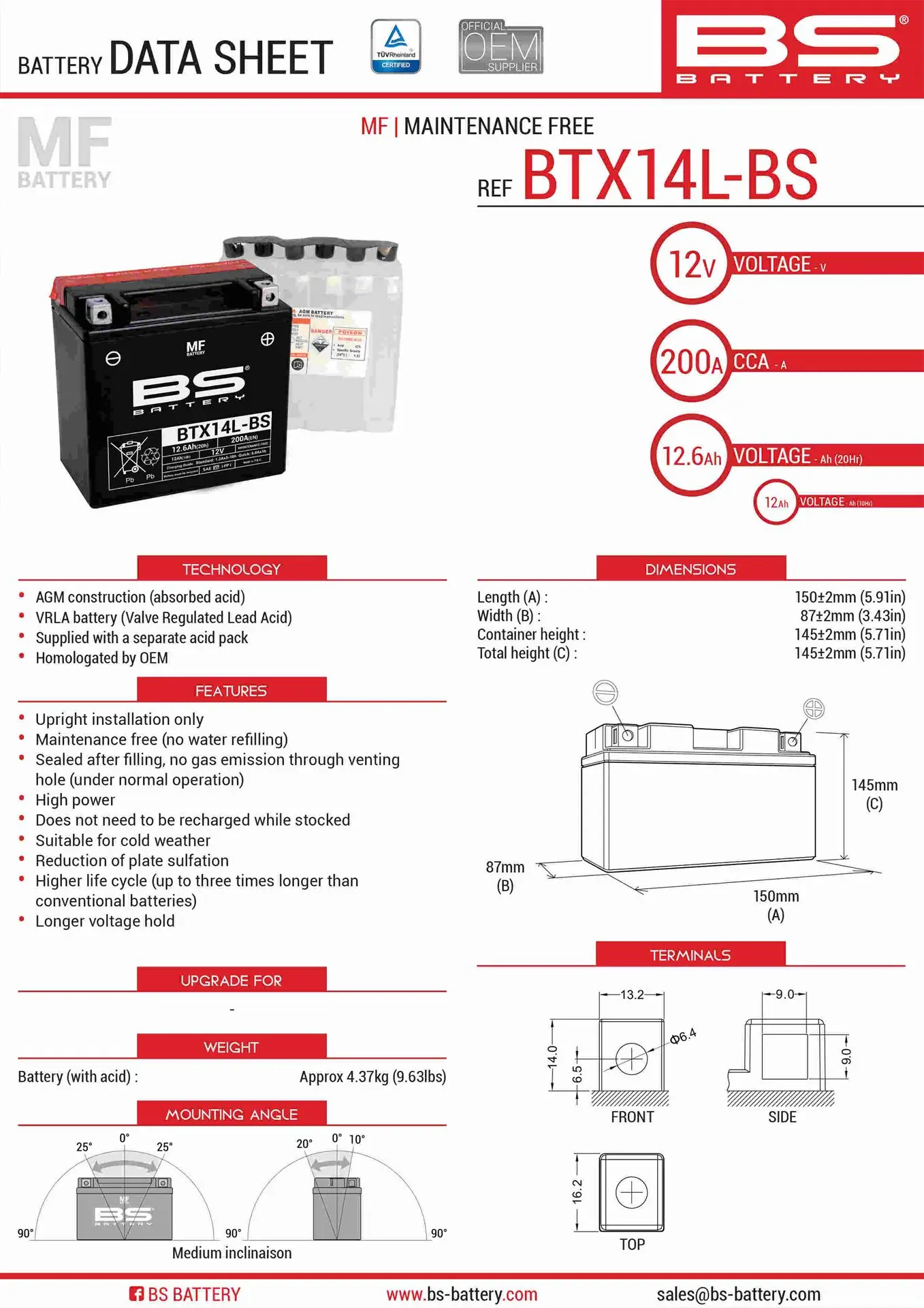 BS akumulátor BTX14L-BS (YTX14L-BS) 150X87X145 bezúdržbový - elektrolyt zvlášť UE48 (4) (BS akumulátor BTX14L-BS (YTX14L-BS) 150X87X145 bezúdržbový -)