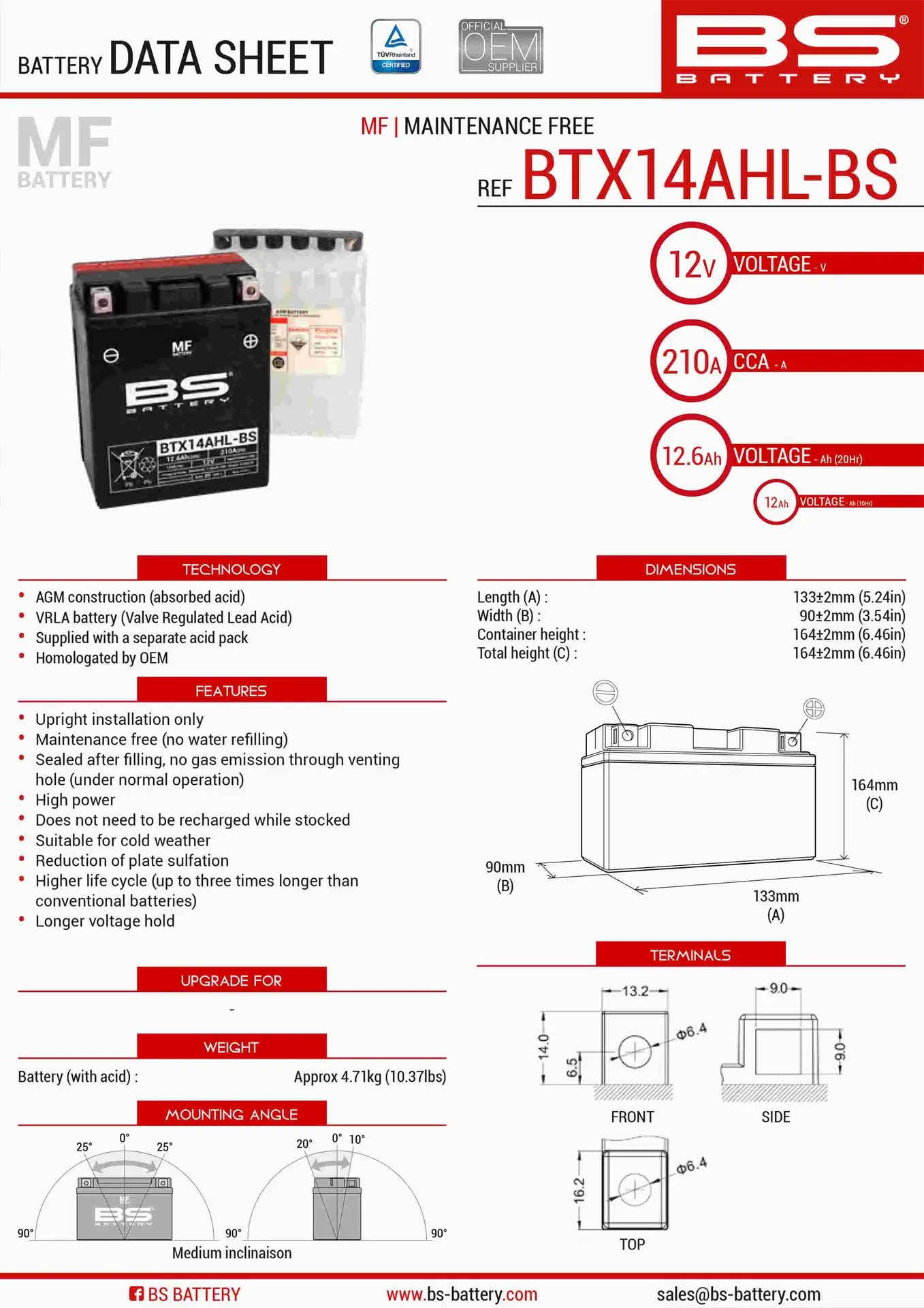 BS akumulátor BTX14AHL-BS (YTX14AHL-BS) (133X90X164) 12V 12AH bezúdržbový - elektrolyt zvlášť (210A) UE48 (3) (BS akumulátor BTX14AHL-BS)