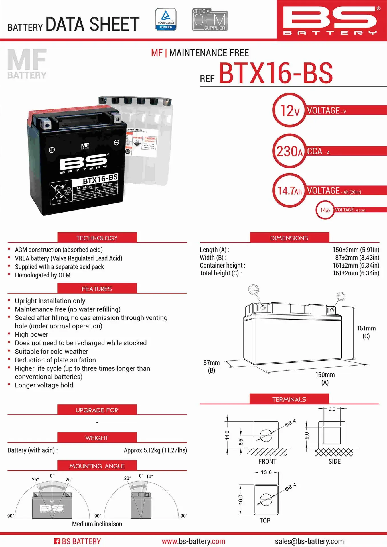 BS akumulátor BTX16-BS (YTX16-BS) 12V 14AH 152X88X161 bezúdržbový - elektrolyt zvlášť (230A) UE48 (2) (BS akumulátor BTX16-BS (YTX16-BS) 12V 14AH)