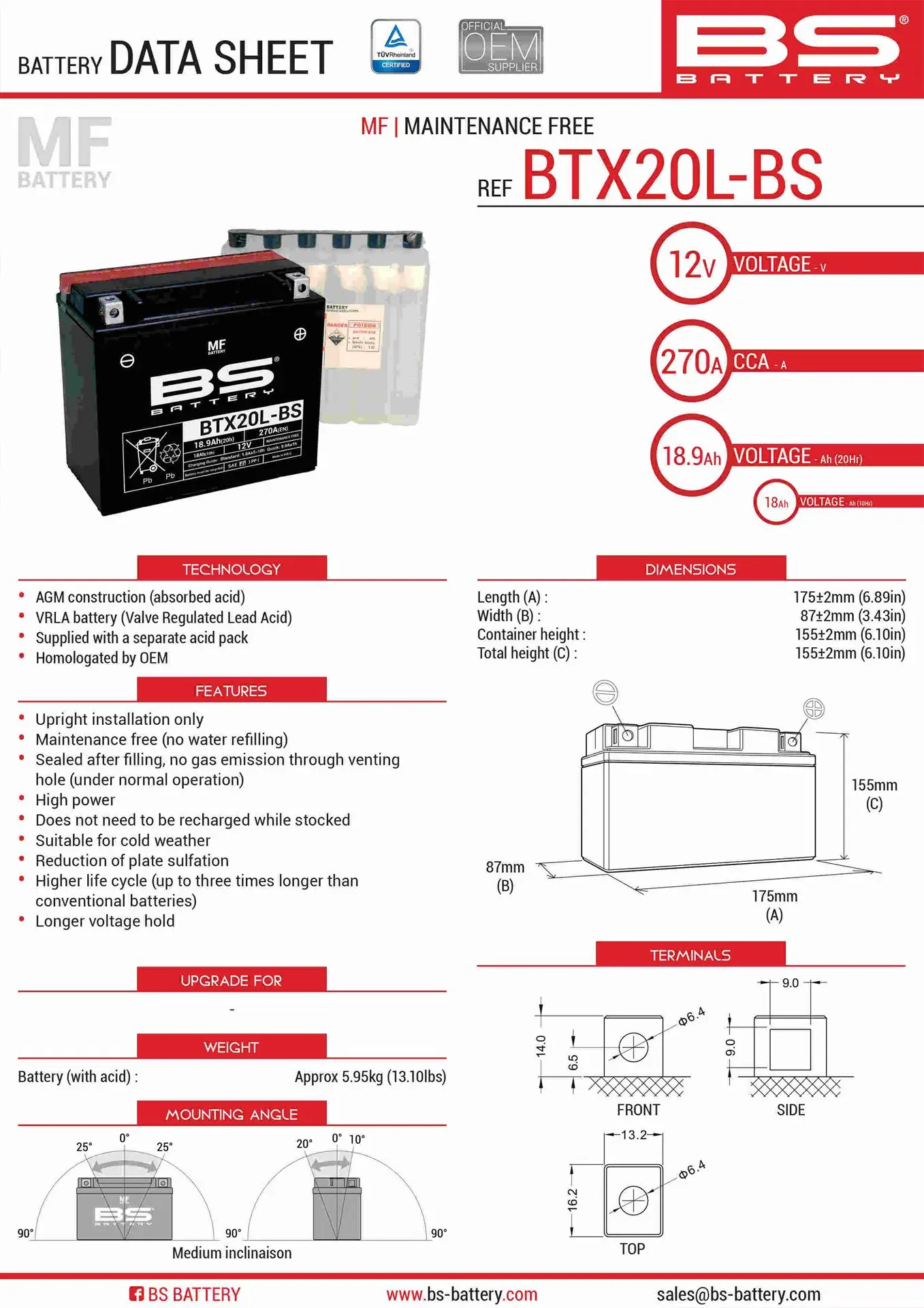 BS akumulátor BTX20L-BS (YTX20L-BS) 12V 18AH 175X86X154 bezúdržbový - elektrolyt zvlášť (270A) UE48 (2) (BS akumulátor BTX20L-BS (YTX20L-BS) 12V 18AH)