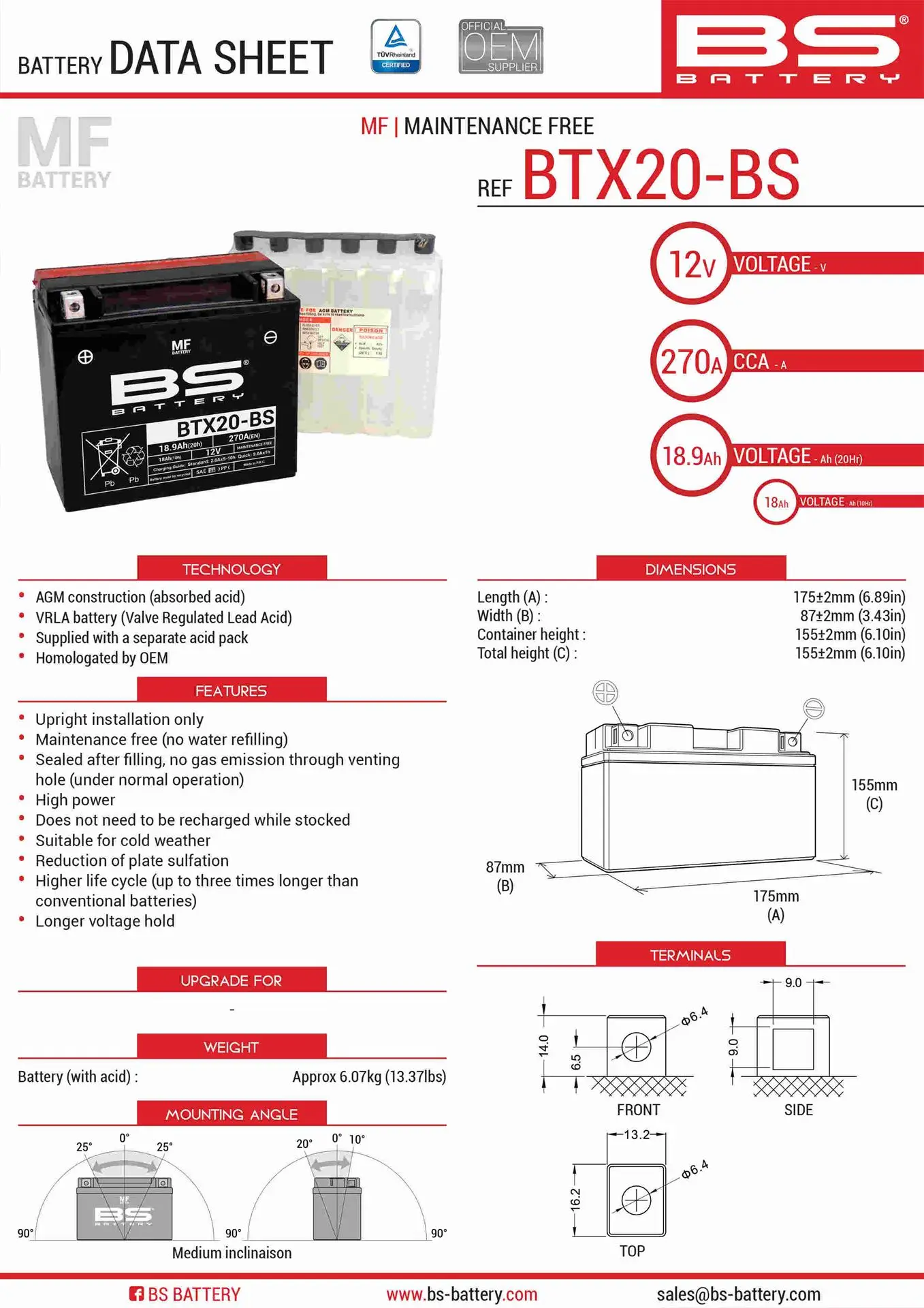 BS akumulátor BTX20-BS (YTX20-BS) 175X87X155 bezúdržbový - elektrolyt zvlášť (270A) UE48 (2) (BS akumulátor BTX20-BS (YTX20-BS) 175X87X155)