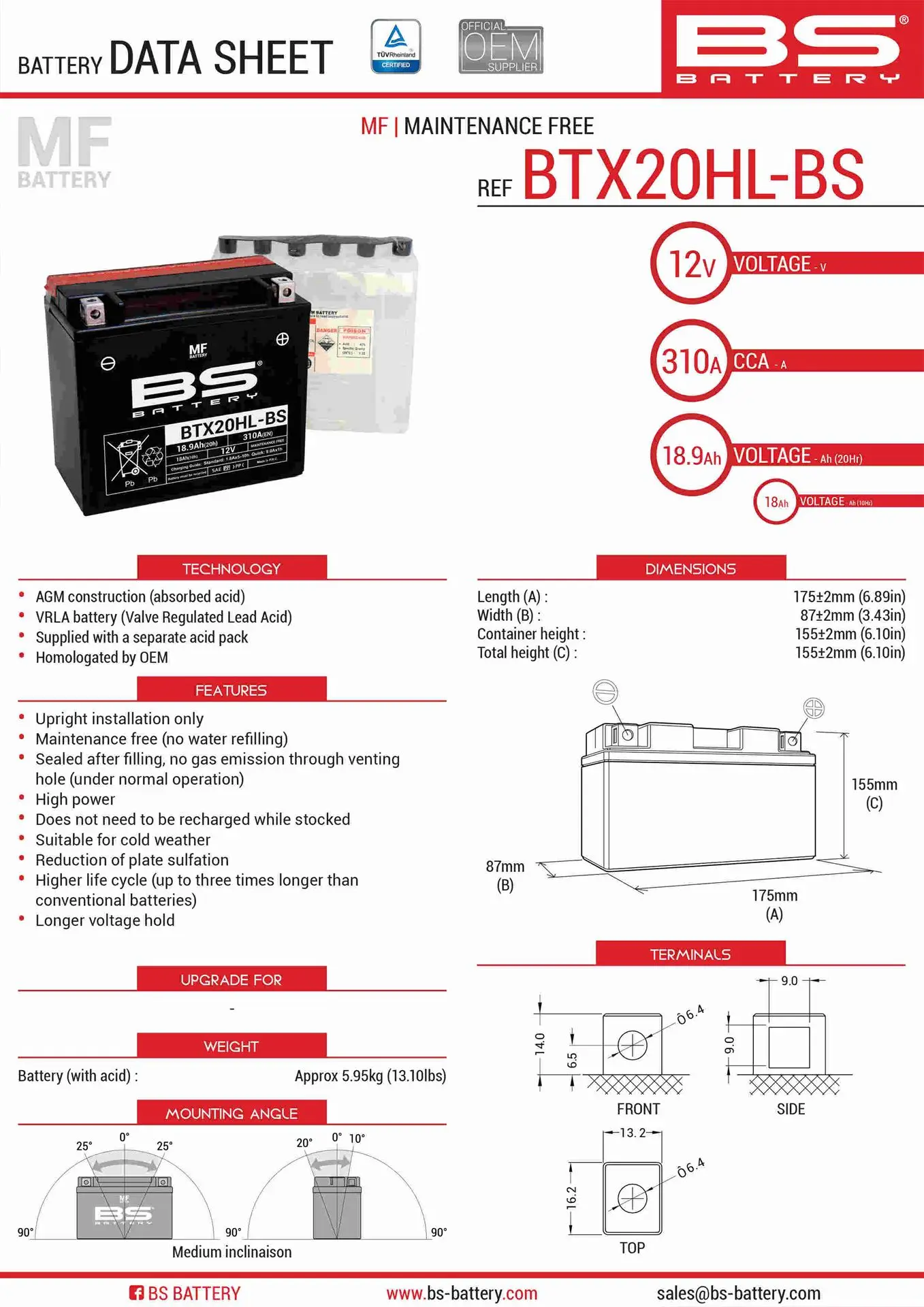 BS akumulátor BTX20HL-BS (YTX20HL-BS) 175X87X155 bezúdržbový - elektrolyt zvlášť (310A) UE48 (2) (BS akumulátor BTX20HL-BS (YTX20HL-BS) 175X87X155)
